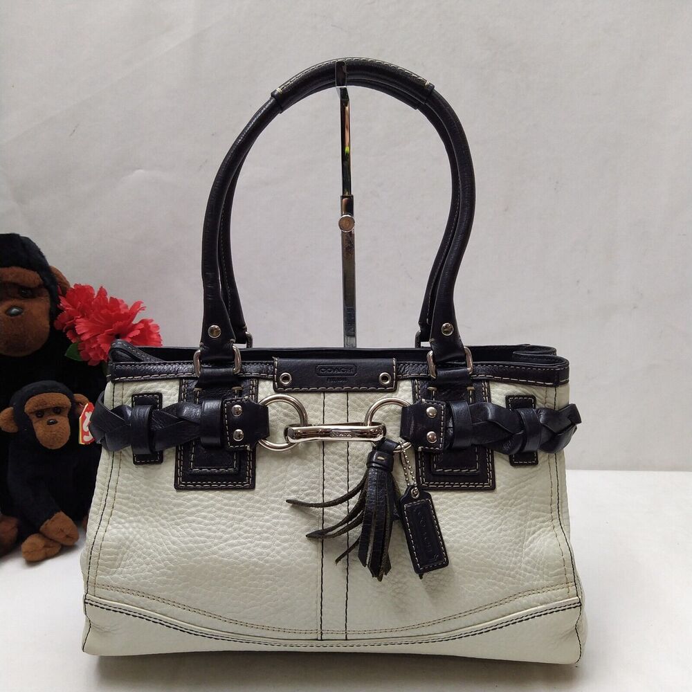 Coach Hampton Ivory Pebbled Leather Double Handles Satchel Bag